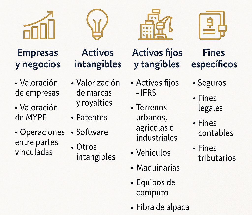Infografía de los servicios de valuaciones y tasaciones de RF Capital incluyendo valoración de empresas, marcas, patentes, activos, terrenos y maquinaria.